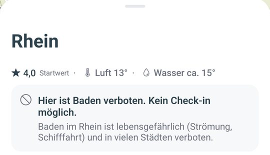 Gewässer-Blatt des Rheins mit dem Hinweis: Hier ist Baden verboten. Kein Check-in möglich.